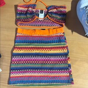 SHEIN Multicolor Striped Knit Mini Skirt with Bright Orange Trim